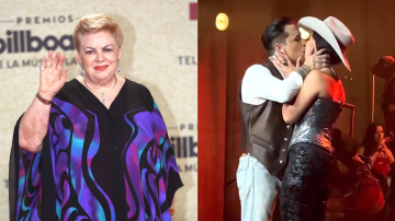 Paquita la del Barrio (izquierda) en la alfombra de los Premios Billboard de la Música Latina. Christian Nodal y Ángela Aguilar (derecha) se dan un beso.