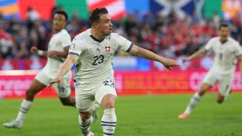Cologne (Germany), 19/06/2024.- Xherdan Shaqiri of Switzerland celebrates scoring the equalizer during the UEFA EURO 2024 group A soccer match between Scotland and Switzerland, in Cologne, Germany, 19 June 2024. (Alemania, Suiza, Colonia) EFE/EPA/FRIEDEMANN VOGEL