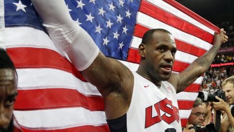 United States' LeBron James celebrates after the men's gold medal basketball game at the 2012 Summer Olympics, Sunday, Aug. 12, 2012, in London. USA won 107-100. (AP Photo/Eric Gay)