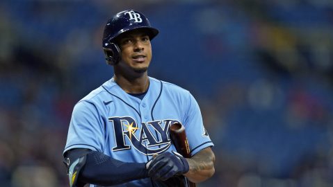 Tampa Bay Rays' Wander Franco reacts after striking out against Boston Red Sox starting pitcher Nick Pivetta during the fourth inning of a baseball game Thursday, June 24, 2021, in St. Petersburg, Fla. (AP Photo/Chris O'Meara)