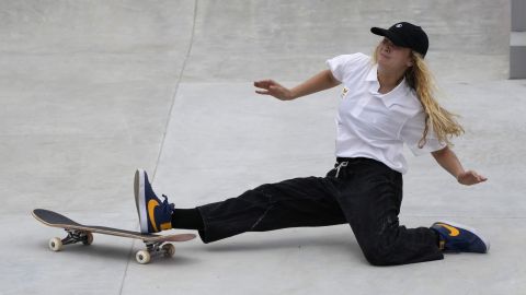 Lore Bruggeman of Belgium falls in the women's street skateboarding finals at the 2020 Summer Olympics, Monday, July 26, 2021, in Tokyo, Japan. (AP Photo/Ben Curtis)