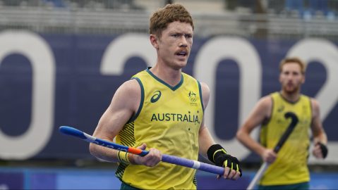 Australia's Matthew Dawson runs the pitch during a men's field hockey match against Spain at the 2020 Summer Olympics, Friday, July 30, 2021, in Tokyo, Japan. (AP Photo/John Minchillo)