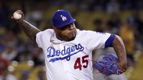 Los Angeles Dodgers relief pitcher Reyes Moronta throws to the plate during the ninth inning of a baseball game against the San Diego Padres Saturday, Aug. 6, 2022, in Los Angeles. (AP Photo/Mark J. Terrill)