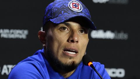 Cruz Azul defender Carlos Salcedo speaks during a press conference ahead of the team's Leagues Cup soccer match against Inter Miami, Thursday, July 20, 2023, in Fort Lauderdale, Fla. (AP Photo/Rebecca Blackwell)