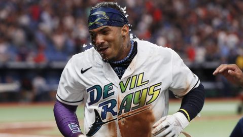 Tampa Bay Rays' Wander Franco reacts to being doused with water by teammates during a post-game television interview after the Rays' defeated the Cleveland Guardians during a baseball game Friday, Aug.11, 2023, in St. Petersburg, Fla. (AP Photo/Scott Audette)