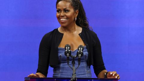 Former first lady Michelle Obama speaks at the opening ceremony of the of the U.S. Open tennis championships, Monday, Aug. 28, 2023, in New York. (AP Photo/Jason DeCrow)