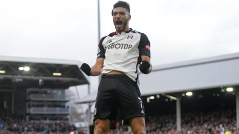 Fulham's Raul Jimenez celebrates after scoring his side's first goal during the English Premier League soccer match between Arsenal and Fulham at Craven Cottage stadium in London, Sunday, Dec. 31, 2023. (AP Photo/Alastair Grant)