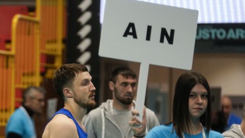 Belarus Aliaksei Alfiorau arrives to compete for Individual Neutral Athletes (AIN) group against Shabbos Negmatulloev of Tajikistan during the first World Olympic Boxing Qualification Tournament 2024 in Busto Arsizio northern Italy, Monday, March 4, 2024. (AP Photo/Luca Bruno)