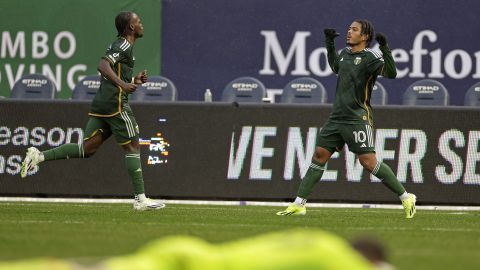 Portland Timbers' Evander (10) reacts after scoring the game winning goal against the New York City FC during an MLS soccer match, Saturday, March 9, 2024, in New York. (AP Photo/Adam Hunger)