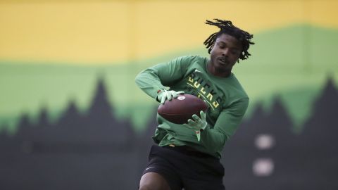 Oregon cornerback Khyree Jackson participates in a position drill at the school's NFL Pro Day, Tuesday, March 12, 2024, in Eugene, Ore. (AP Photo/Amanda Loman)