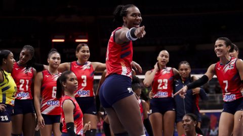 Brayelin Martinez of the Dominican Republic celebrates her team's victory over South Korea, at the end of their Volleyball Women's Nations League match at the Maracanazinho stadium in Rio de Janeiro, Brazil, Saturday, May 18, 2024. (AP Photo/Bruna Prado)