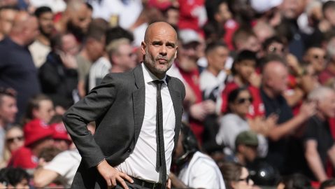Manchester City's head coach Pep Guardiola gestures during the English FA Cup final soccer match between Manchester City and Manchester United at Wembley Stadium in London, Saturday, May 25, 2024. (AP Photo/Kin Cheung)