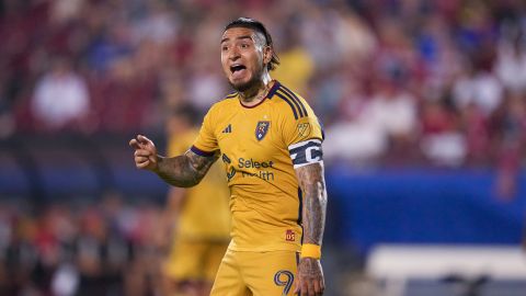 Real Salt Lake forward Cristian Arango reacts during the second half of an MLS soccer match against FC Dallas, Saturday, May 25, 2024, in Frisco, Texas. The teams tied 3-3. (AP Photo/Julio Cortez)