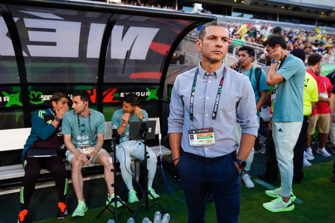 FILE - Mexico head coach Jaime Lozano looks on prior to an international soccer friendly match between Mexico and Brazil, Saturday, June 8, 2024, at Texas A&M's Kyle Field in College Station, Texas. Mexico will arrive at the Copa América 2024 looking for a fresh start after disappointing performances in the last World Cup and in the CONCACAF Nations League where the Mexicans lost to the U.S. (AP Photo/Julio Cortez, File)