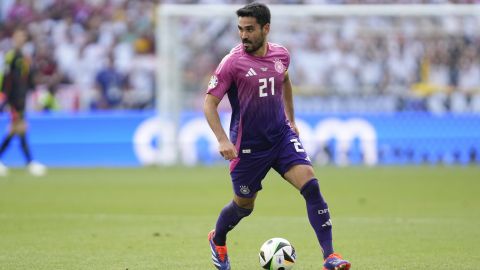 Germany's Ilkay Gundogan dribbles during a Group A match between Germany and Hungary at the Euro 2024 soccer tournament in Stuttgart, Germany, Wednesday, June 19, 2024. (AP Photo/Darko Vojinovic)