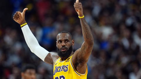 FILE - Los Angeles Lakers forward LeBron James gestures for a call in the second half of Game 5 of an NBA basketball first-round playoff series against the Denver Nuggets Monday, April 29, 2024, in Denver. James is not opting into what would have been a $51.4 million contract for this coming season and instead will seek a new deal with the Lakers, a person with knowledge of the decision said Saturday, June 29, 2024. (AP Photo/David Zalubowski, File)