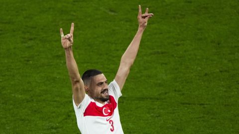 Turkey's Merih Demiral celebrates after scoring his side second goal during a round of sixteen match between Austria and Turkey at the Euro 2024 soccer tournament in Leipzig, Germany, Tuesday, July 2, 2024. UEFA has launched an investigation into Turkey soccer player Merih Demiral's “alleged inappropriate behavior” after he celebrated a goal at Euro 2024 by displaying a hand sign associated with an ultra-nationalist group. (AP Photo/Ebrahim Noroozi)