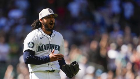 Seattle Mariners relief pitcher Andrés Muñoz reacts after the final out in a win over the Baltimore Orioles in a baseball game Thursday, July 4, 2024, in Seattle. (AP Photo/Lindsey Wasson)
