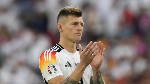 Germany's Toni Kroos clap hands as he acknowledges supporters at the end of a quarter final match between Germany and Spain at the Euro 2024 soccer tournament in Stuttgart, Germany, Friday, July 5, 2024. (AP Photo/Ariel Schalit)