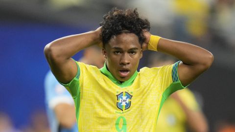 Brazil's Endrick reacts during a Copa America quarterfinal soccer match against Uruguay in Las Vegas, Saturday, July 6, 2024. (AP Photo/Julio Cortez)