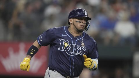 Tampa Bay Rays' Isaac Paredes sprints to first during a baseball game against the Texas Rangers in Arlington, Texas, Saturday, July 6, 2024. (AP Photo/Tony Gutierrez)