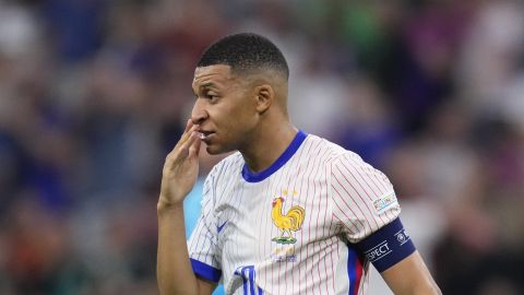 Kylian Mbappe of France gestures during a semifinal match between Spain and France at the Euro 2024 soccer tournament in Munich, Germany, Tuesday, July 9, 2024. (AP Photo/Manu Fernandez)