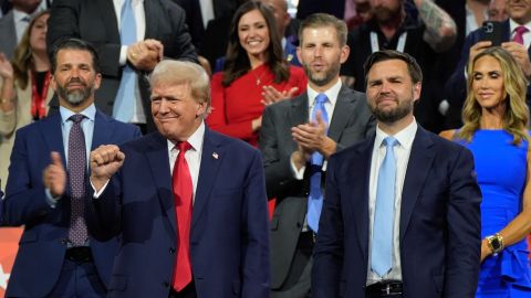 Republican presidential candidate former President Donald Trump appears with vice presidential candidate JD Vance, R-Ohio, during the Republican National Convention Monday, July 15, 2024, in Milwaukee. (AP Photo/Paul Sancya)