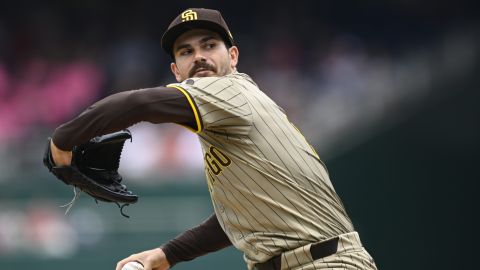 San Diego Padres starting pitcher Dylan Cease winds up to throw during the inning of a baseball game against the Washington Nationals, Thursday, July 25, 2024, in Washington. (AP Photo/John McDonnell)