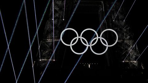 The Olympic rings adorn the Eiffel Tower in Paris, France, during the opening ceremony of the 2024 Summer Olympics, Friday, July 26, 2024. (AP Photo/Robert F. Bukaty)
