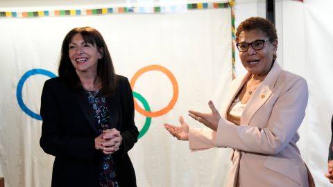 Paris Mayor Anne Hidalgo, left, speaks with Los Angeles Mayor Karen Bass during a meeting at the Paris City Hall Thursday, March 7, 2024. Bass is leading a trip to Paris to prepare for 2028 Olympic Games in Los Angeles. (AP Photo/Christophe Ena)