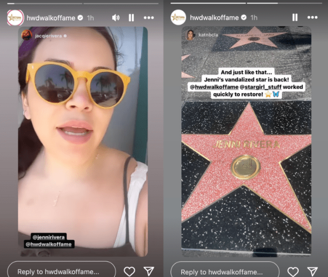 Izquierda: Jacqie Rivera, hija de la difunta cantante Jenni Rivera, cuenta cómo se enteró del vandalismo contra la estrella de su madre en el Paseo de la Fama de Hollywood. Derecha: La cuenta de Instagram del Hollywood Walk of Fame compartió la noticia de que la estrella de Rivera fue restaurada pocas horas después del incidente.