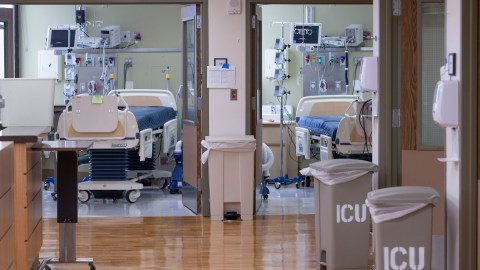 FILE - In this Thursday, April 9, 2020, file photo, the Intensive Care unit at the St. Vincent Medical Center building in Los Angeles is viewed. The empty hospital near downtown Los Angeles is being leased by the State of California to operate as a healthcare facility during the COVID-19 outbreak in Los Angeles County. Coronavirus cases have surged to record levels in the Los Angeles area, putting the nation's largest county in "an alarming and dangerous phase" that if not reversed could overwhelm Intensive Care units and usher in more sweeping closures, health officials said Wednesday, July 15, 2020. (AP Photo/Damian Dovarganes, File)