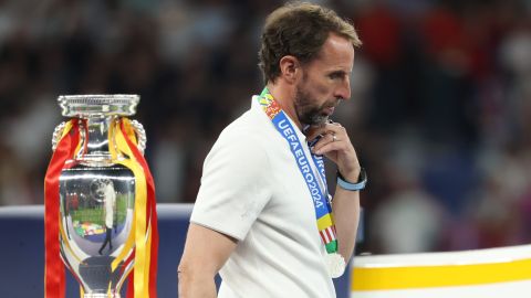 Berlin (Germany), 14/07/2024.- (FILE) - England head coach Gareth Southgate walks past the trophy during the podium ceremony after England lost the UEFA EURO 2024 final soccer match between Spain and England, in Berlin, Germany, 14 July 2024 (reissued 16 July 2024). Southgate, 53, resigned on 16 July 2024, two days after England'Äôs defeat to Spain in the Euro 2024 final in Berlin. It was the second consecutive defeat in the European Championship final after losing against Italy in 2021. "As a proud Englishman, it has been the honor of my life to play for England and to manage England," he said in a statement released on 16 July. Southgate, who also represented England as a player, was in charge of the national team for 102 games over eight years. His contract was due to expire in December 2024. (Alemania, Italia, España) EFE/EPA/FRIEDEMANN VOGEL