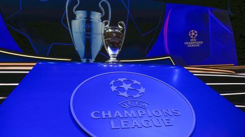 The trophy is placed on display for the photographers before the soccer Champions League draw in Istanbul, Turkey, Thursday, Aug. 25, 2022. (AP Photo/Emrah Gurel)