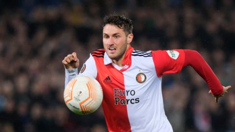 Feyenoord's Santiago Gimenez chases a ball during the Europa League Group F soccer match between Feyenoord and Lazio at De Kuip stadium in Rotterdam, Netherlands, Thursday, Nov. 3, 2022. (AP Photo/Patrick Post)