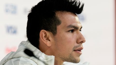 Mexico's Hirving Lozano attends a press conference on the eve of the group C World Cup soccer match between Argentina and Mexico, in Doha, Qatar, Friday, Nov. 25, 2022. (AP Photo/Moises Castillo)