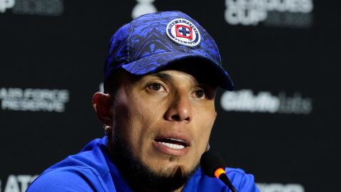 Cruz Azul defender Carlos Salcedo speaks during a press conference ahead of the team's Leagues Cup soccer match against Inter Miami, Thursday, July 20, 2023, in Fort Lauderdale, Fla. (AP Photo/Rebecca Blackwell)