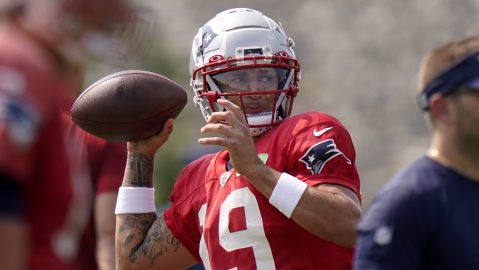New England Patriots quarterback Matt Corral throws a pass during NFL football practice, Wednesday, Sept. 6, 2023, in Foxborough, Mass. (AP Photo/Steven Senne)