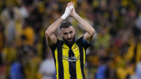 Al Ittihad's Karim Benzema celebrates at the end of the Soccer Club World Cup first round soccer match between Al Ittihad and Auckland City FC at King Abdullah Sports City stadium in Jeddah, Saudi Arabia, Tuesday, Dec. 12, 2023. Al Ittihad won 3-0. (AP Photo/Manu Fernandez)