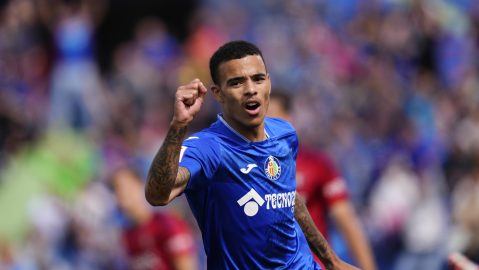 FILE - Getafe's Mason Greenwood reacts after coming on late as substitute to make his debut during a Spanish La Liga soccer match between Getafe and Osasuna at the Coliseum stadium in Getafe, Spain, Sunday, Sept. 17, 2023. The Spanish league says that it will look into a complaint filed by Getafe that Real Madrid player Jude Bellingham allegedly called Getafe forward Mason Greenwood a “rapist” during a game. The incident allegedly occurred during Madrid’s 2-0 win at Getafe on Thursday, Feb. 1, 2024. (AP Photo/Jose Breton, File)