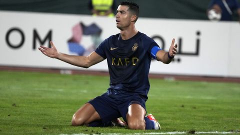 FILE - Saudi Arabia's Al Nassr Cristiano Ronaldo reacts in a match with Iran's Persepolis during their AFC Champions League soccer match at the Azadi Stadium in Tehran, Iran, Tuesday, Sept. 19, 2023. Cristiano Ronaldo has come under heavy criticism after seemingly making an offensive gesture following Al Nassr’s 3-2 victory over Al Shabab in a Saudi Pro League match on Sunday, Feb. 25, 2024. (AP Photo/Vahid Salemi), File)