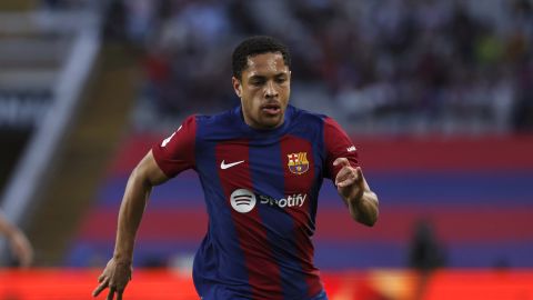 Barcelona's Vitor Roque during a Spanish La Liga soccer match between Barcelona and Rayo Vallecano at the Olimpic Lluis Companys stadium in Barcelona, Spain, Sunday, May 19, 2024. (AP Photo/Joan Monfort)