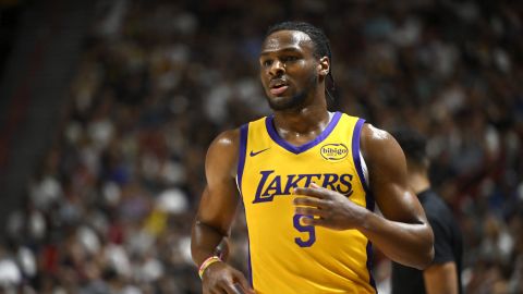 Los Angeles Laker guard Bronny James Jr. looks on during the first half of an NBA summer league basketball game against the Houston Rockets Friday, July 12, 2024, in Las Vegas. (AP Photo/David Becker)