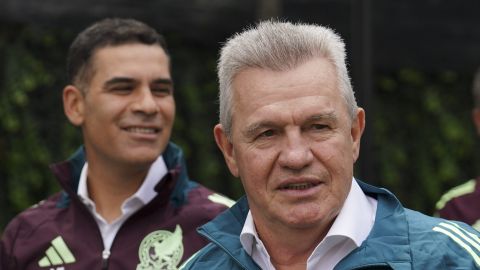 Mexico's new national football team coach Javier Aguirre, right, and his assistant, former soccer player Rafael Marquez, left, arriving for a news conference in Mexico City, Thursday, Aug. 1, 2024. (AP Photo/Marco Ugarte