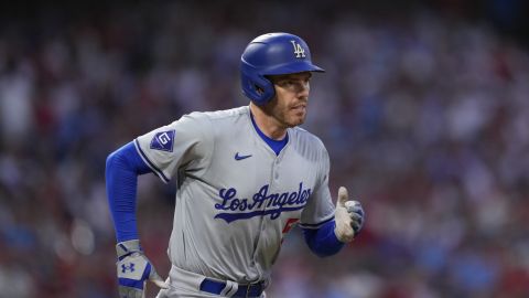 FILE - Los Angeles Dodgers' Freddie Freeman plays during a baseball game, Thursday, July 11, 2024, in Philadelphia. Freeman and his wife Chelsea said in a joint social-media post that their 3-year-old son Maximus is suffering from Guillain-Barre syndrome, a rare neurological disorder. (AP Photo/Matt Slocum)