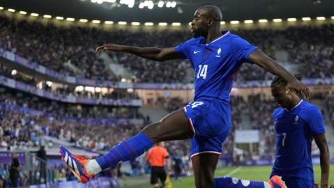 France's Jean-Philippe Mateta celebrates after scoring during a quarter final soccer match between France and Argentina, at Bordeaux Stadium, during the 2024 Summer Olympics, Friday, Aug. 2, 2024, in Bordeaux, France. (AP Photo/Rebecca Blackwell)