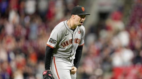 San Francisco Giants pitcher Blake Snell reacts after his no-hitter in nine complete innings of a baseball game against the Cincinnati Reds, Friday, Aug. 2, 2024, in Cincinnati. (AP Photo/Jeff Dean)