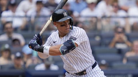 New York Yankees' Aaron Judge strikes out swinging during the fourth inning of a baseball game against the Toronto Blue Jays, Saturday, Aug. 3, 2024, in New York. (AP Photo/Julia Nikhinson)