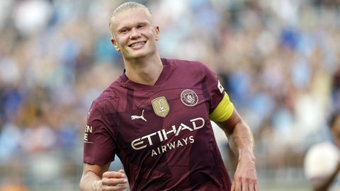 Manchester City's Erling Haaland smiles as he celebrates his second half goal against Chelsea during an FC Series soccer match, Saturday, Aug. 3, 2024 at Ohio Stadium in Columbus, Ohio. (AP Photo/Tom E. Puskar)