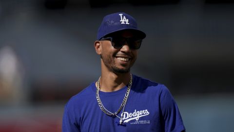 Los Angeles Dodgers' Mookie Betts smiles during warm ups before a baseball game against Philadelphia Phillies in Los Angeles, Wednesday, Aug. 7, 2024. (AP Photo/Eric Thayer)Los Angeles Dodgers' Mookie Betts smiles during warm ups before a baseball game against Philadelphia Phillies in Los Angeles, Wednesday, Aug. 7, 2024. (AP Photo/Eric Thayer)